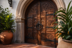 handcrafted artisan doors with iron details, crafted in Pátzcuaro, Michoacán, Mexico